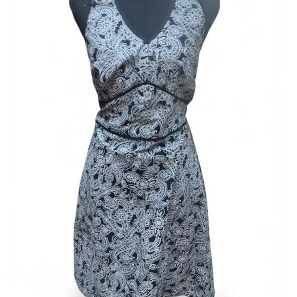 VTG 90s Componix Petite Paisley Floral Halter Dress Black White 14P